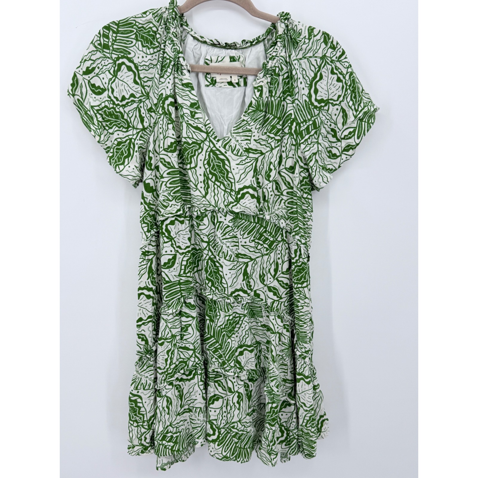 Anthropologie Mini Dress Womens Small Green White Tropical Leaf Tiered Ruffle